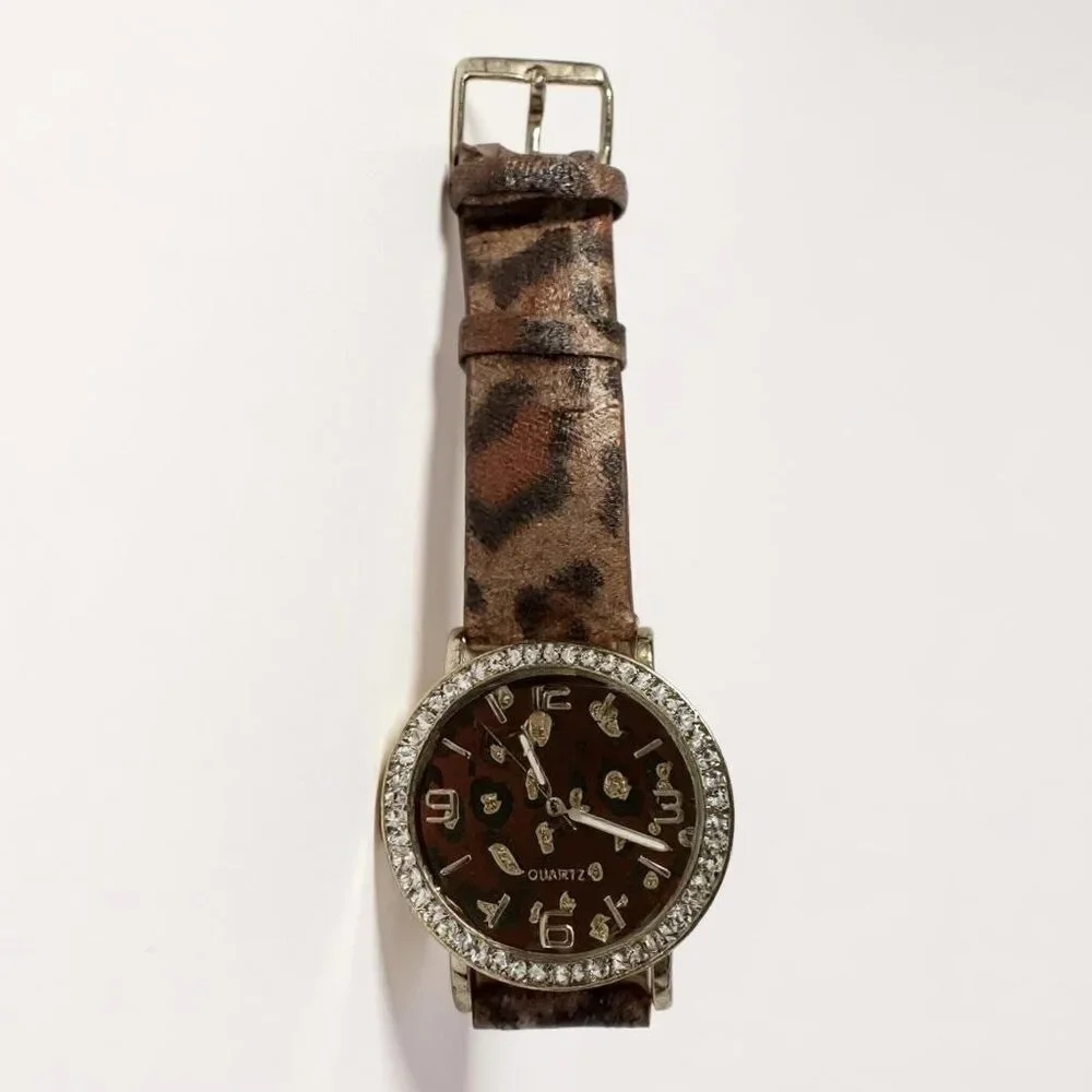Adrienne Leopard Print Quartz Watch‎ With Rhinestone Bezel & Leather Band